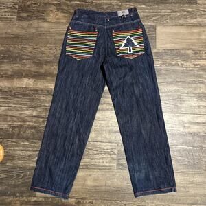 Russo Spirit Tree Colorful Embroidered Dark wash wide leg jeans red stitching 34